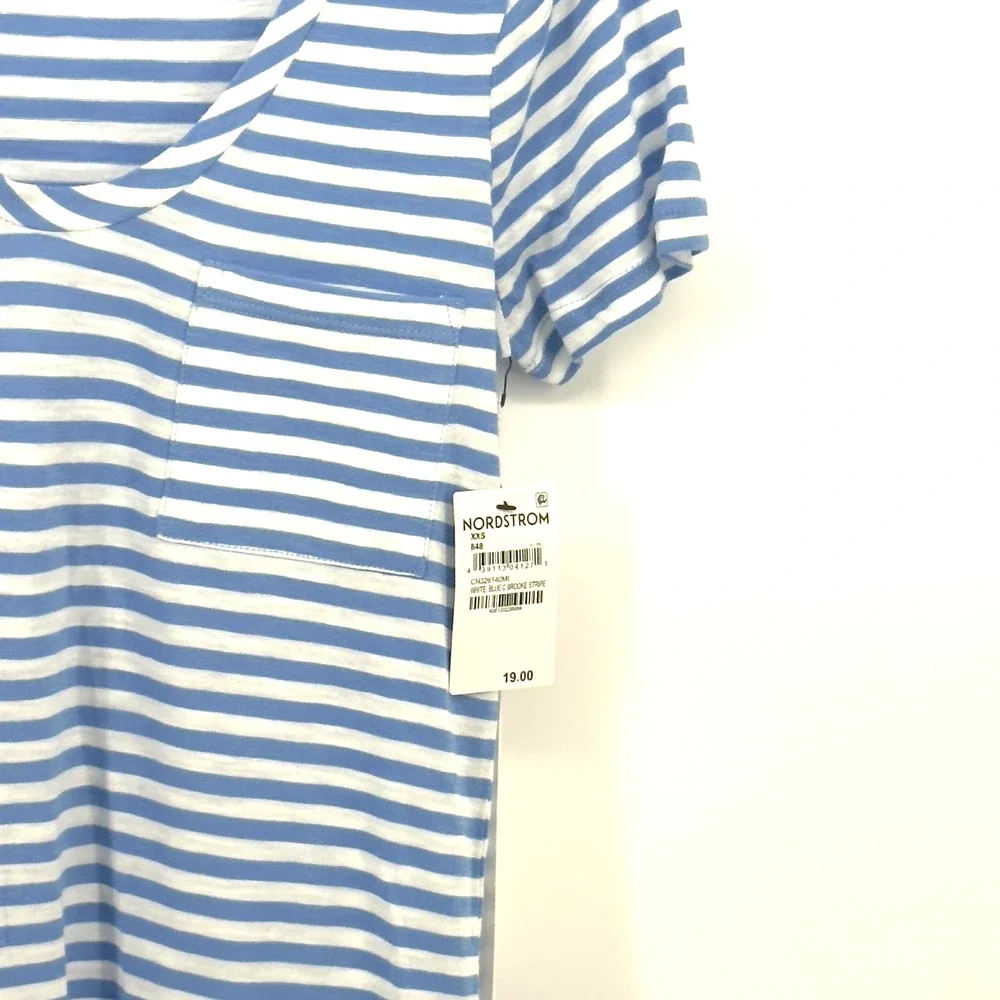Caslon TShirt Womens XXSmall Blue White Brooke Striped Front Pocket Scoop Neck